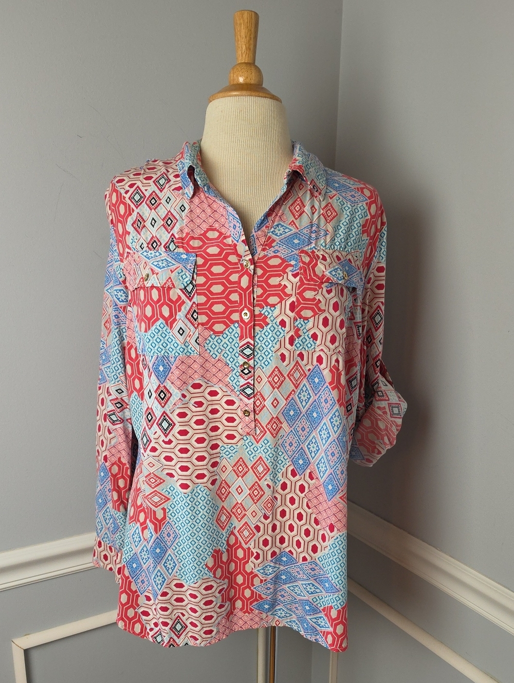 TALBOTS Half Button V-Neck Pink Blue Printed Long Sleeve Preppy Spring Blouse L